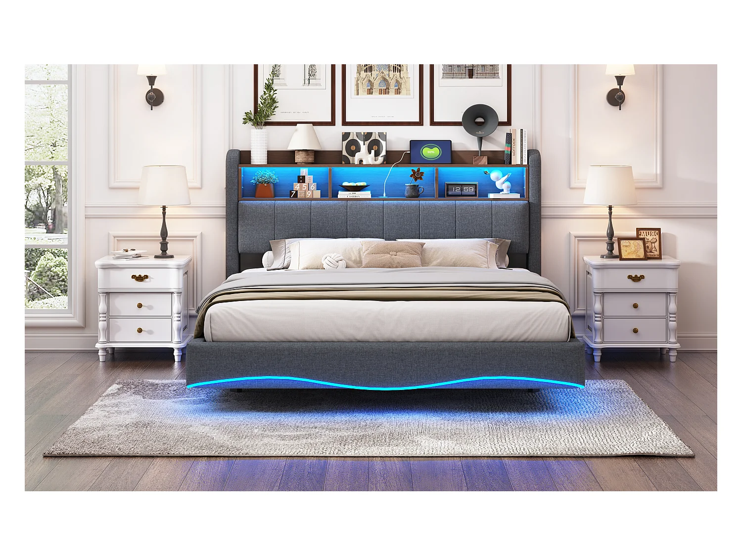 Lit suspendu design moderne 160×200 cm en tissu lin, lit de rangement multifonction avec éclairage LED et ports USB