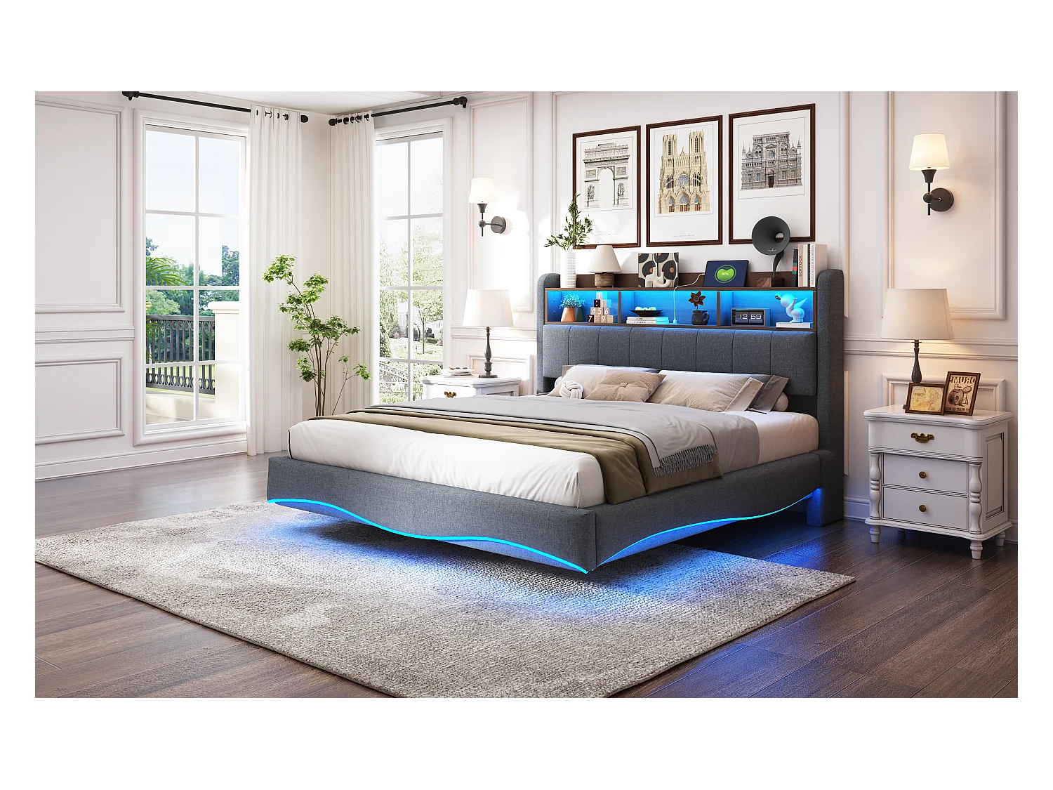 Lit suspendu design moderne 160×200 cm en tissu lin, lit de rangement multifonction avec éclairage LED et ports USB