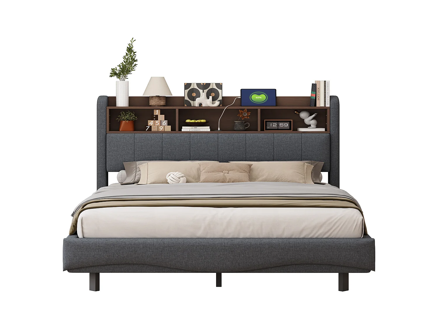 Lit suspendu design moderne 160×200 cm en tissu lin, lit de rangement multifonction avec éclairage LED et ports USB