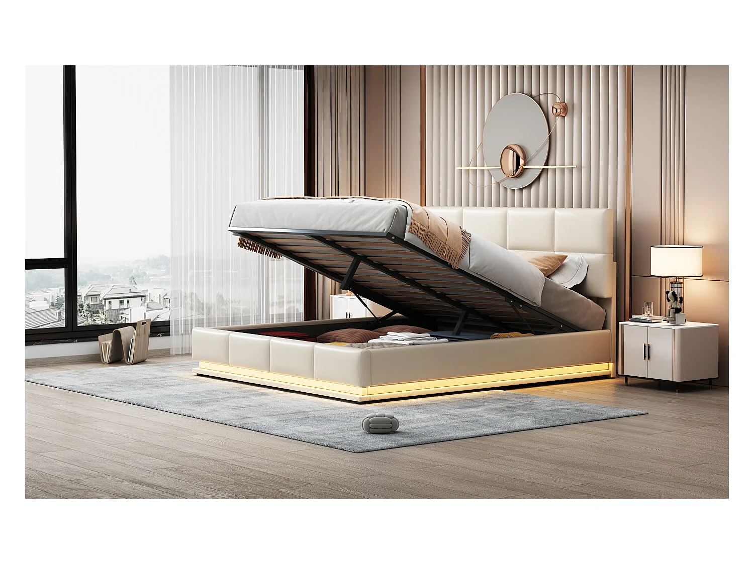 Lit rembourré 180x200 cm avec éclairage LED et espace de rangement hydraulique, beige