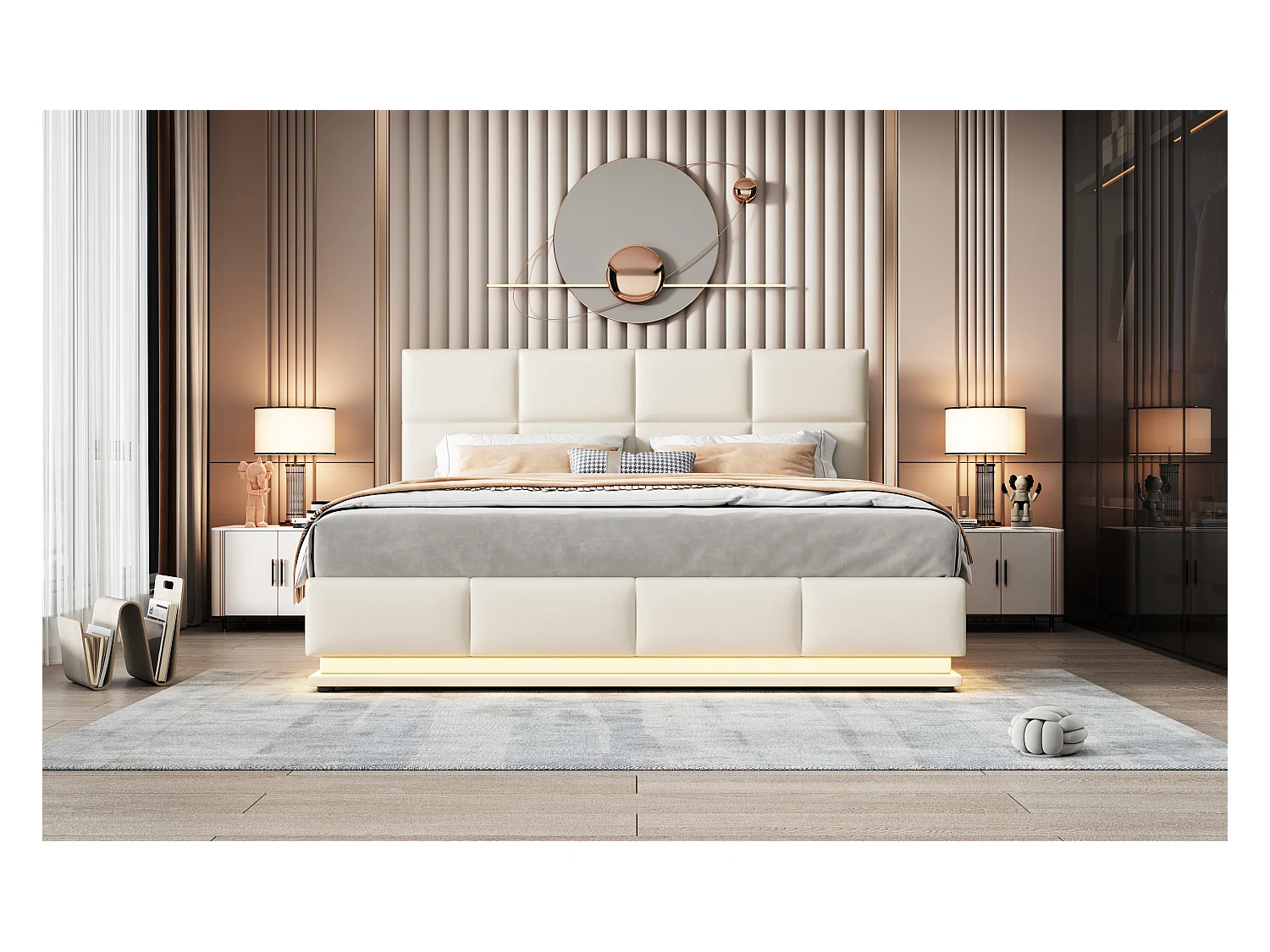 Lit rembourré 180x200 cm avec éclairage LED et espace de rangement hydraulique, beige