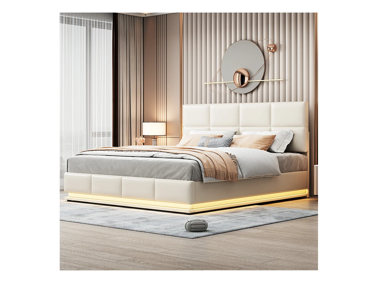 Lit rembourré 180x200 cm avec éclairage LED et espace de rangement hydraulique, beige