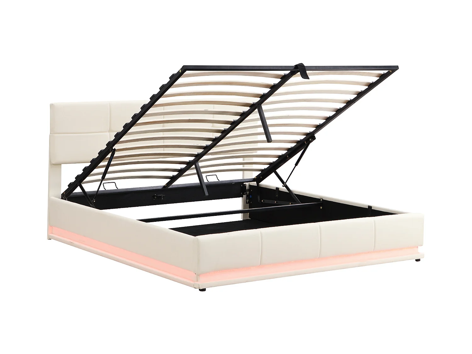 Lit rembourré 180x200 cm avec éclairage LED et espace de rangement hydraulique, beige