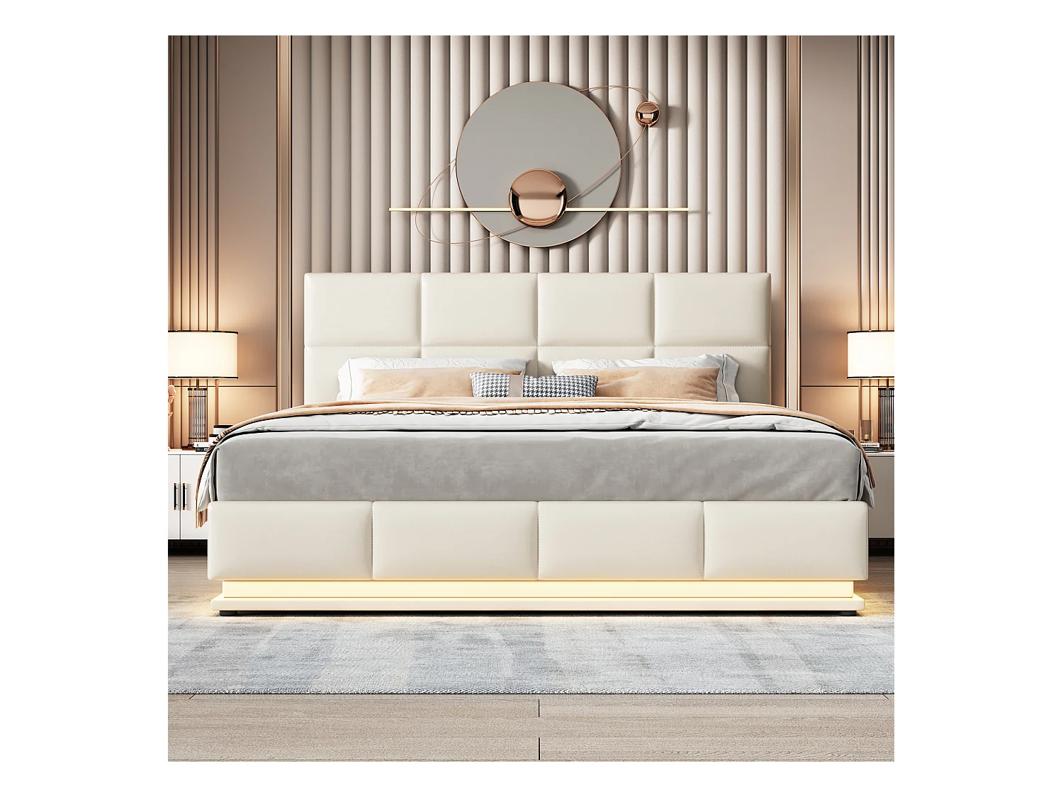 Lit rembourré 180x200 cm avec éclairage LED et espace de rangement hydraulique, beige