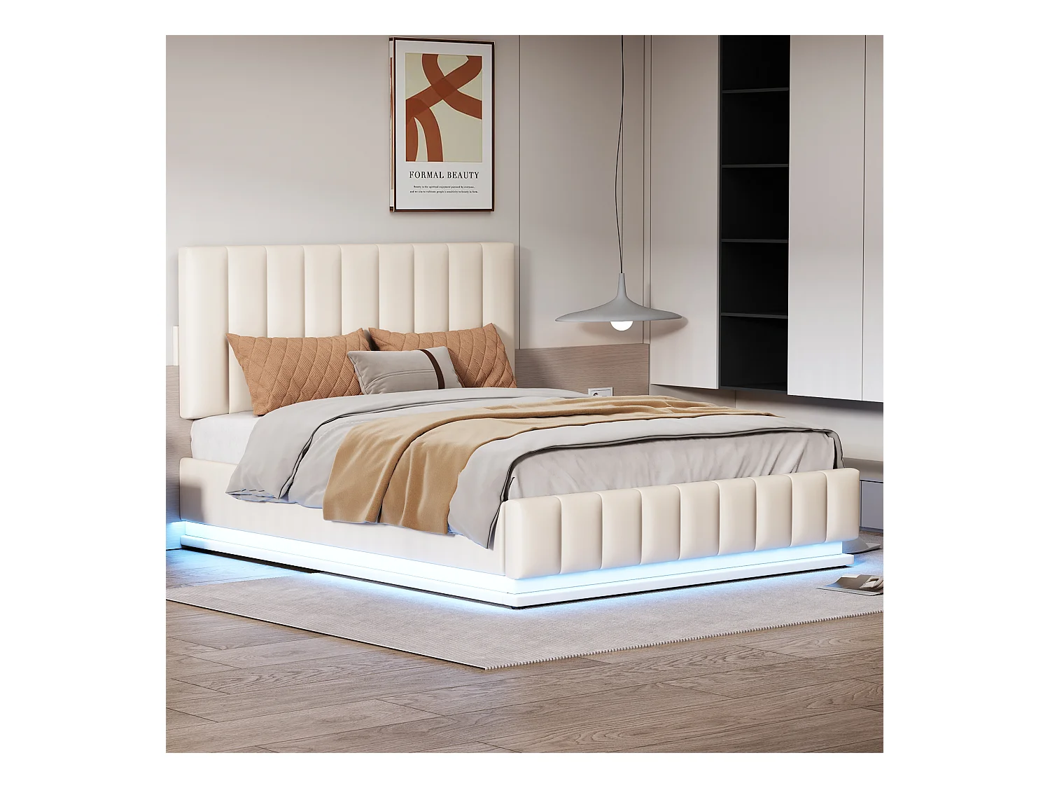 Lit rembourré 140 x 200 cm avec LED, sommier à lattes en métal et coffre de rangement, tête de lit réglable en hauteur