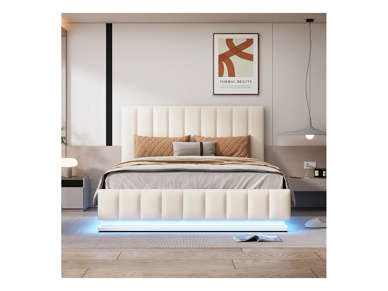 Lit rembourré 140 x 200 cm avec LED, sommier à lattes en métal et coffre de rangement, tête de lit réglable en hauteur