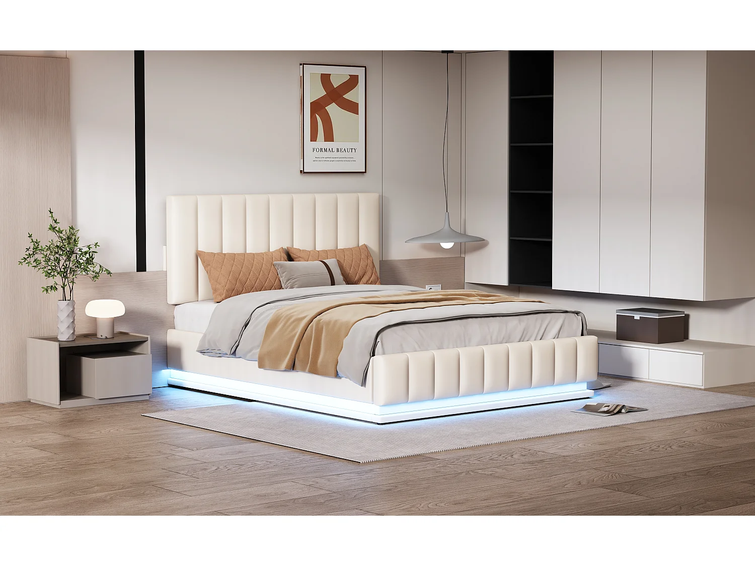 Lit rembourré 140 x 200 cm avec LED, sommier à lattes en métal et coffre de rangement, tête de lit réglable en hauteur