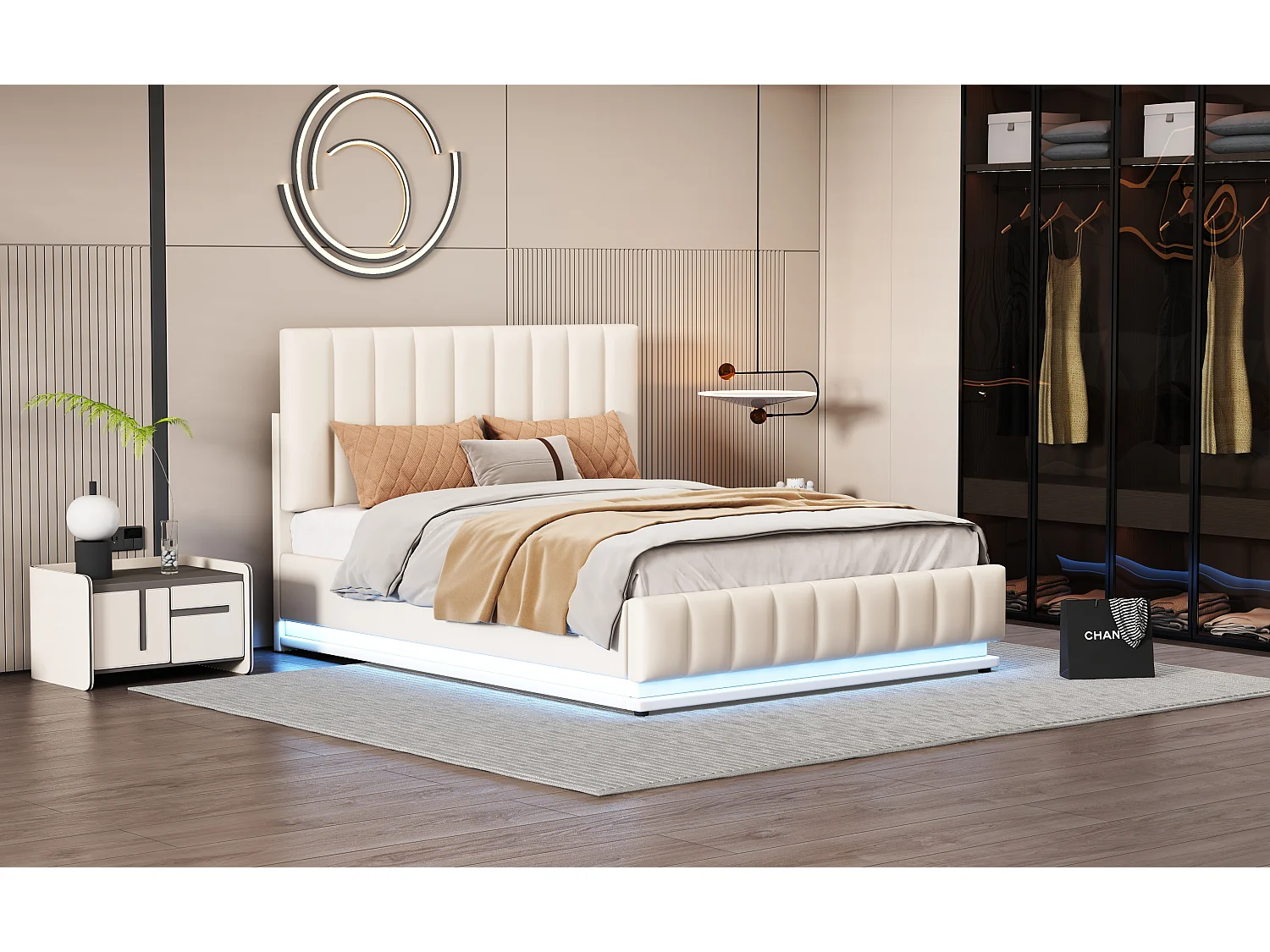 Lit rembourré 140 x 200 cm avec LED, sommier à lattes en métal et coffre de rangement, tête de lit réglable en hauteur