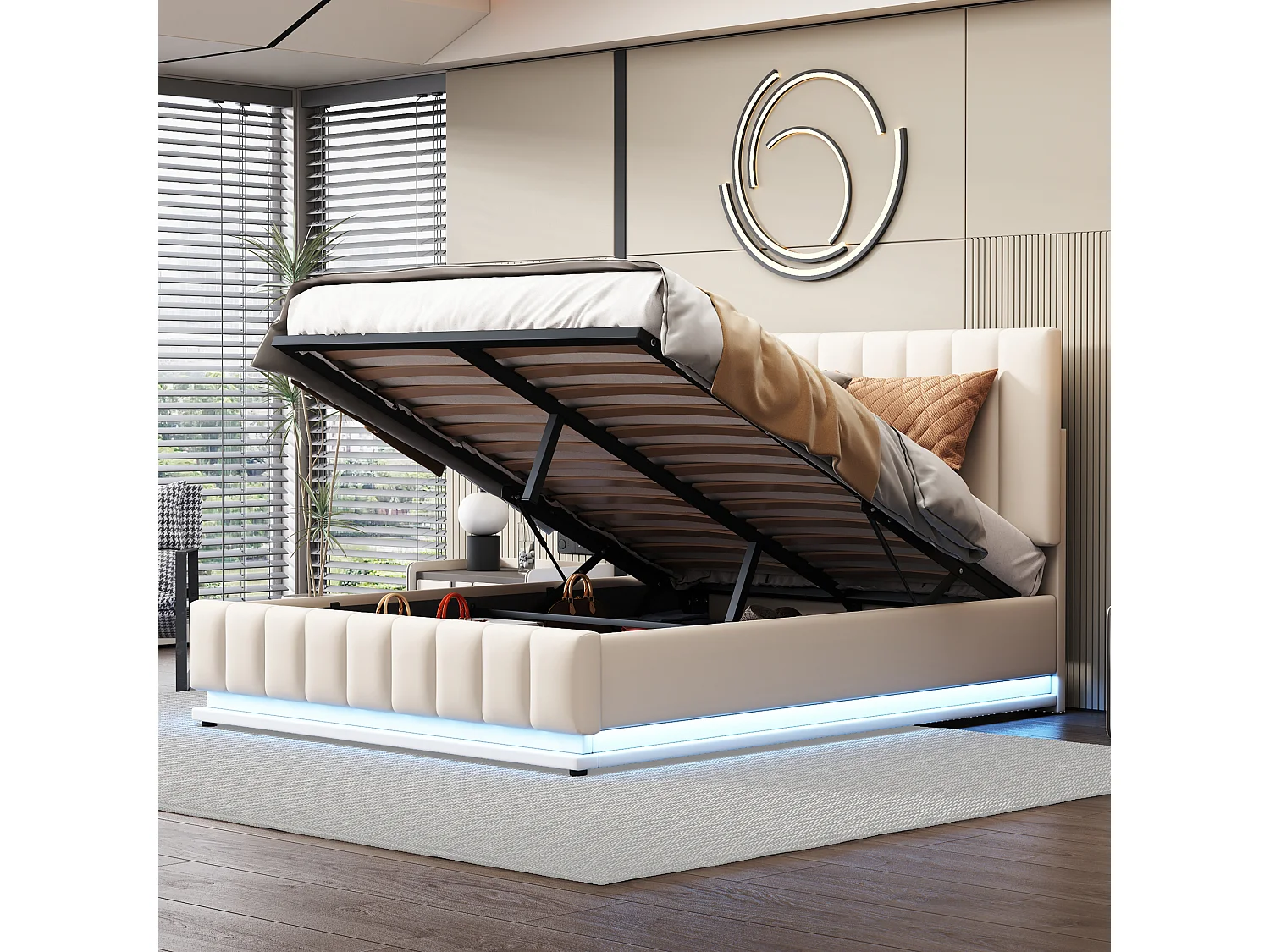 Lit rembourré 140 x 200 cm avec LED, sommier à lattes en métal et coffre de rangement, tête de lit réglable en hauteur