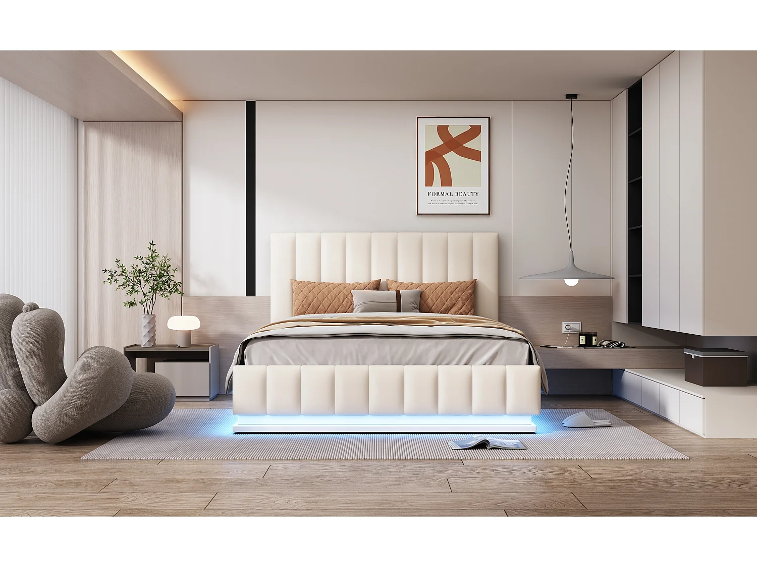 Lit rembourré 140 x 200 cm avec LED, sommier à lattes en métal et coffre de rangement, tête de lit réglable en hauteur