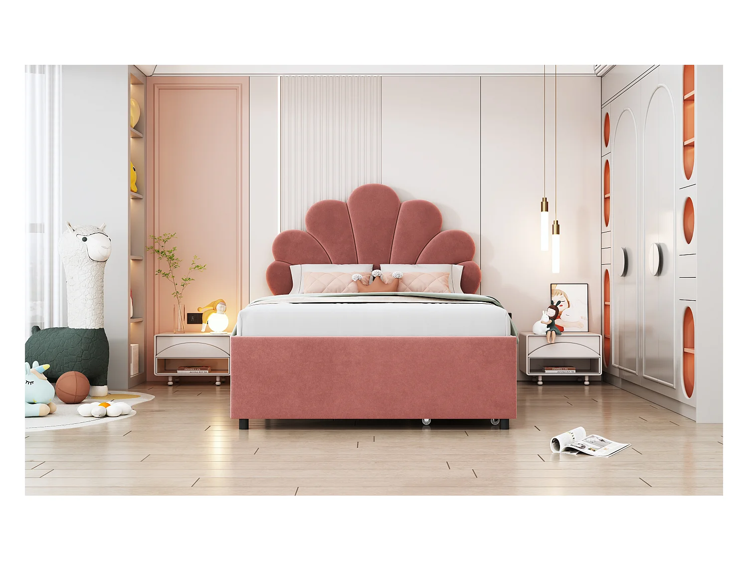 Lit enfant rembourré 90x200 cm, cadre avec tête fleurie, sommier, 2 rangements, velours rose, lit fille