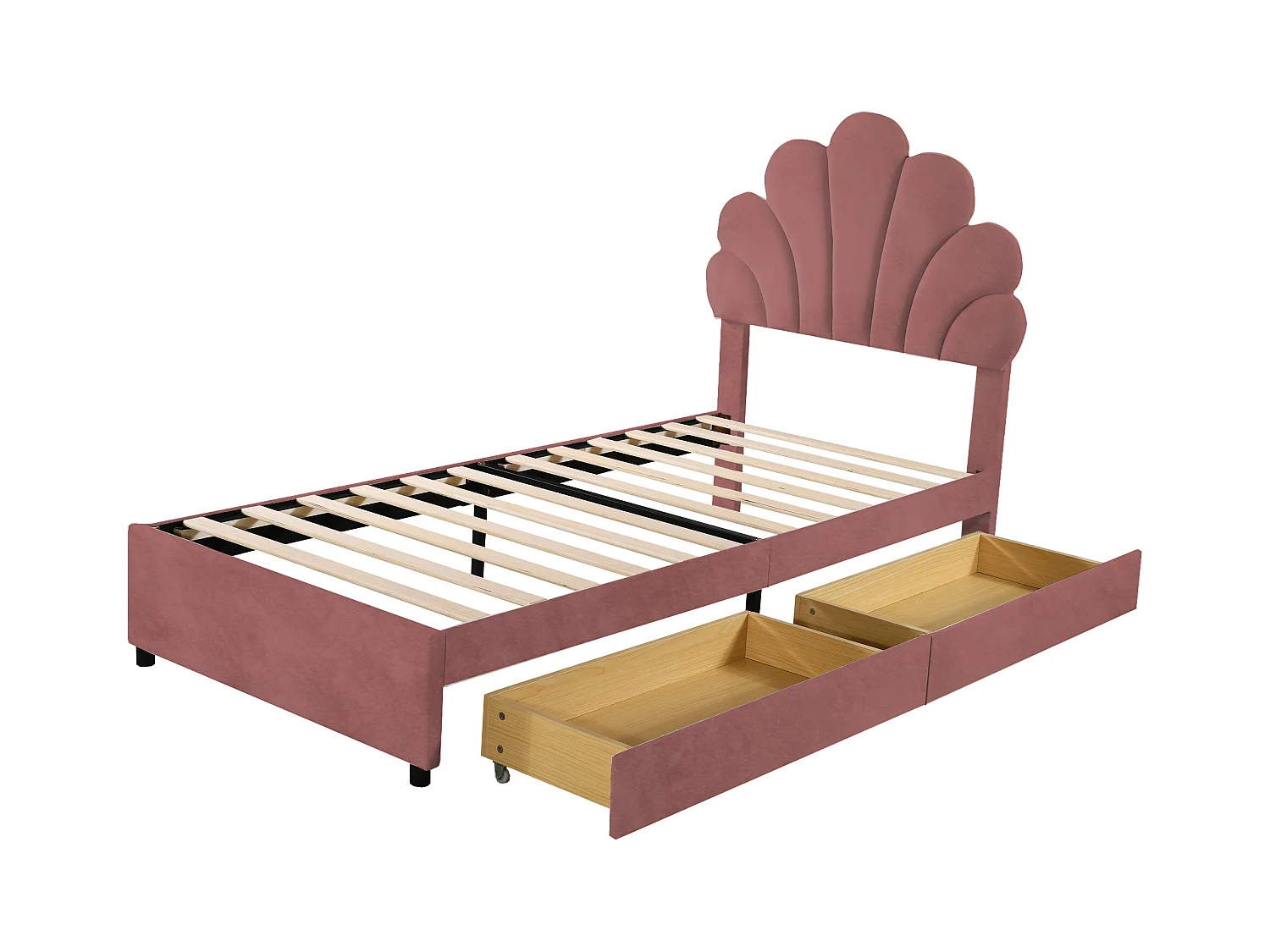 Lit enfant rembourré 90x200 cm, cadre avec tête fleurie, sommier, 2 rangements, velours rose, lit fille