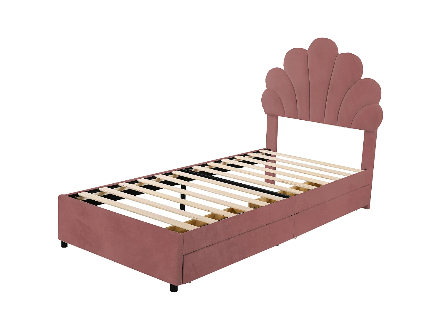 Lit enfant rembourré 90x200 cm, cadre avec tête fleurie, sommier, 2 rangements, velours rose, lit fille