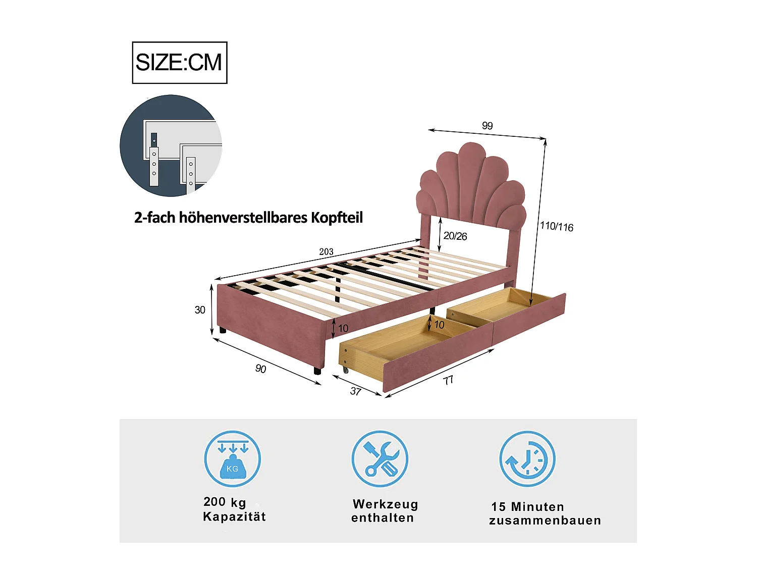 Lit enfant rembourré 90x200 cm, cadre avec tête fleurie, sommier, 2 rangements, velours rose, lit fille