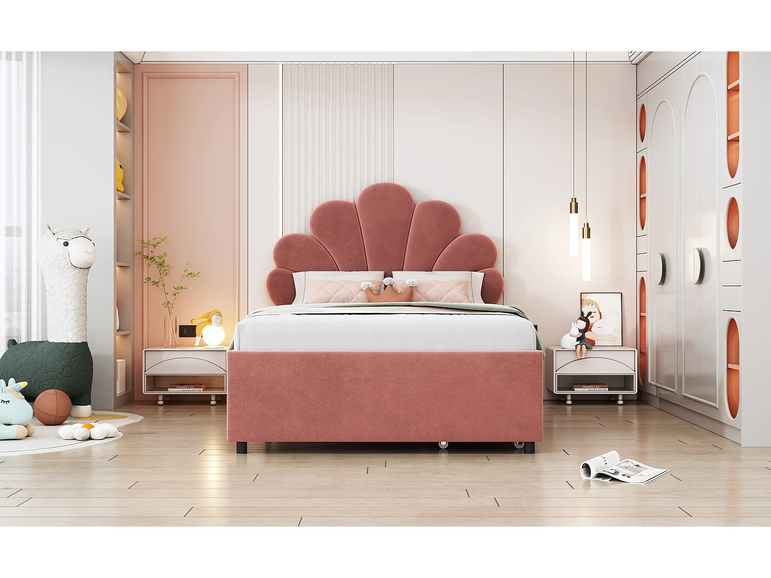 Lit enfant rembourré 90x200 cm, cadre avec tête fleurie, sommier, 2 rangements, velours rose, lit fille