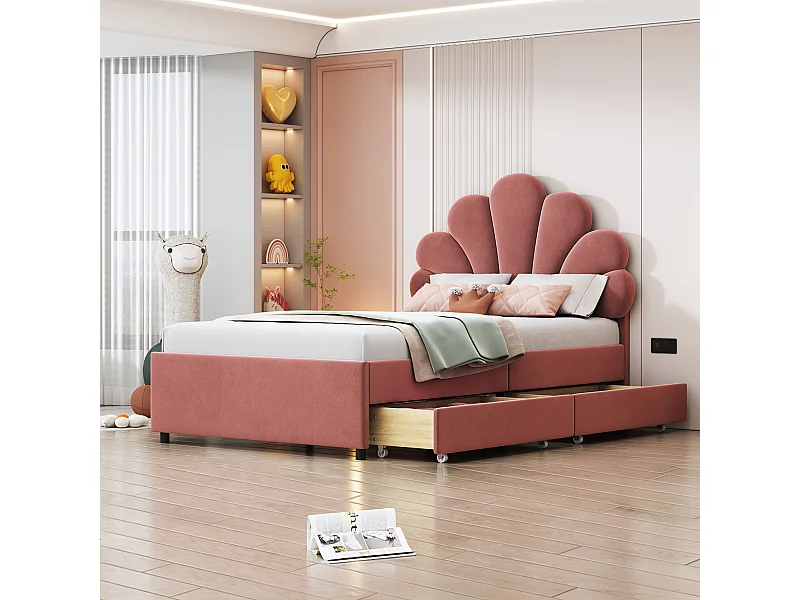 Lit enfant rembourré 90x200 cm, cadre avec tête fleurie, sommier, 2 rangements, velours rose, lit fille