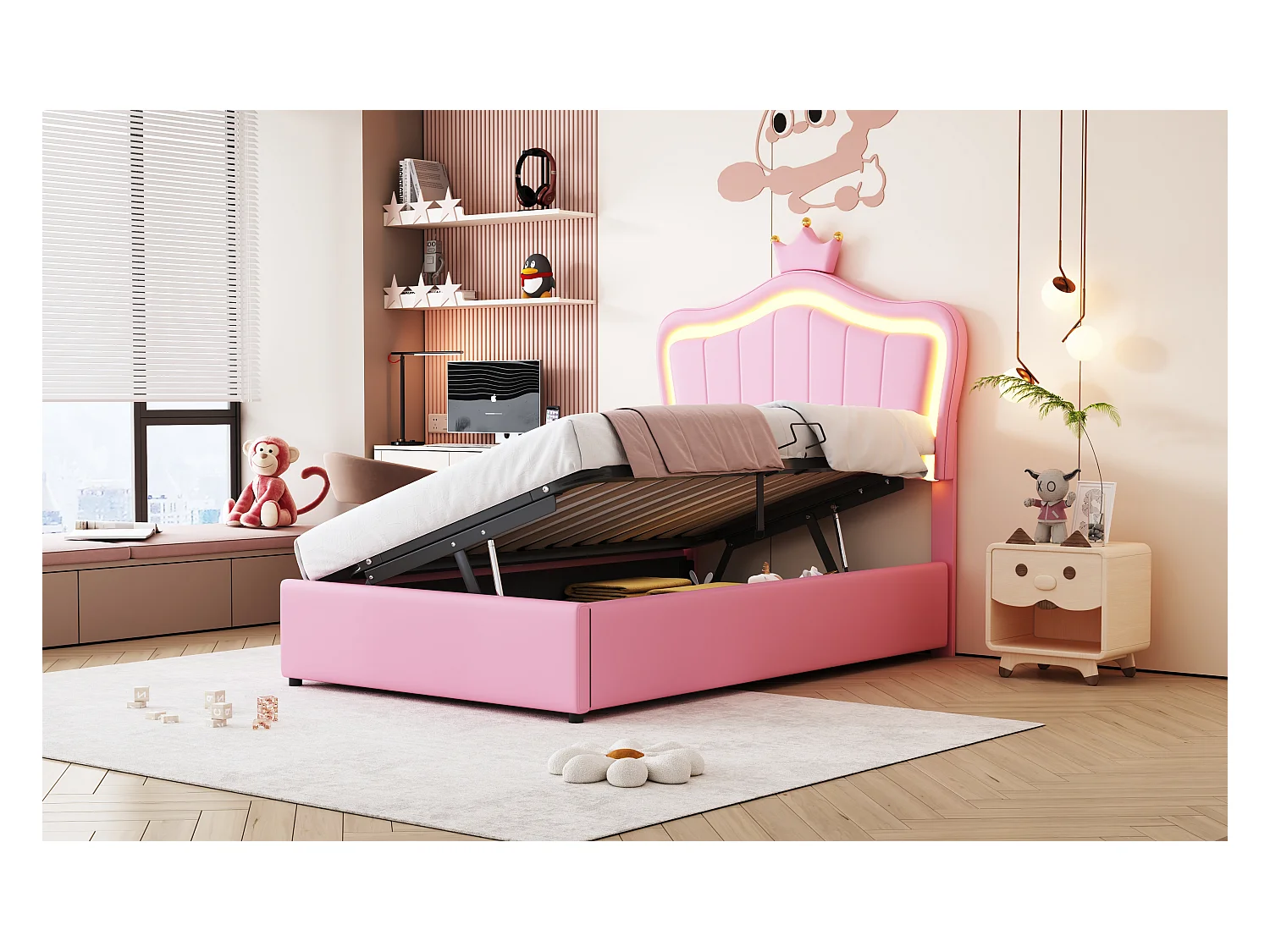 Lit enfant rembourré 90x200 cm, avec éclairage LED, design en forme de coquillage et tête de lit réglable