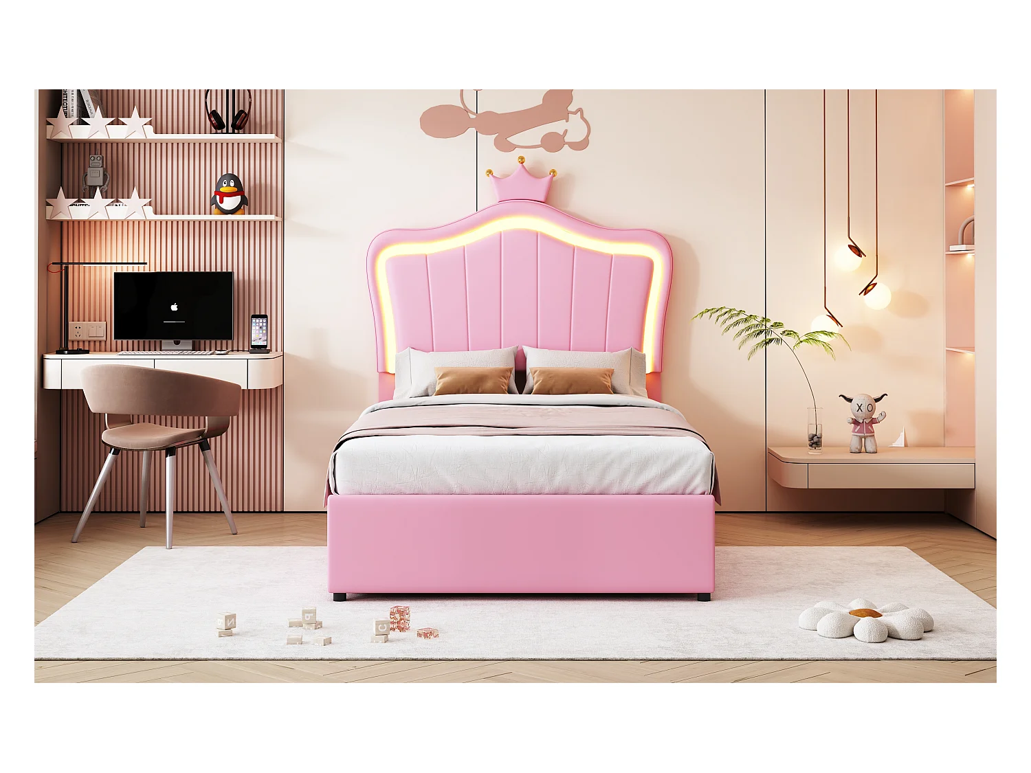 Lit enfant rembourré 90x200 cm, avec éclairage LED, design en forme de coquillage et tête de lit réglable