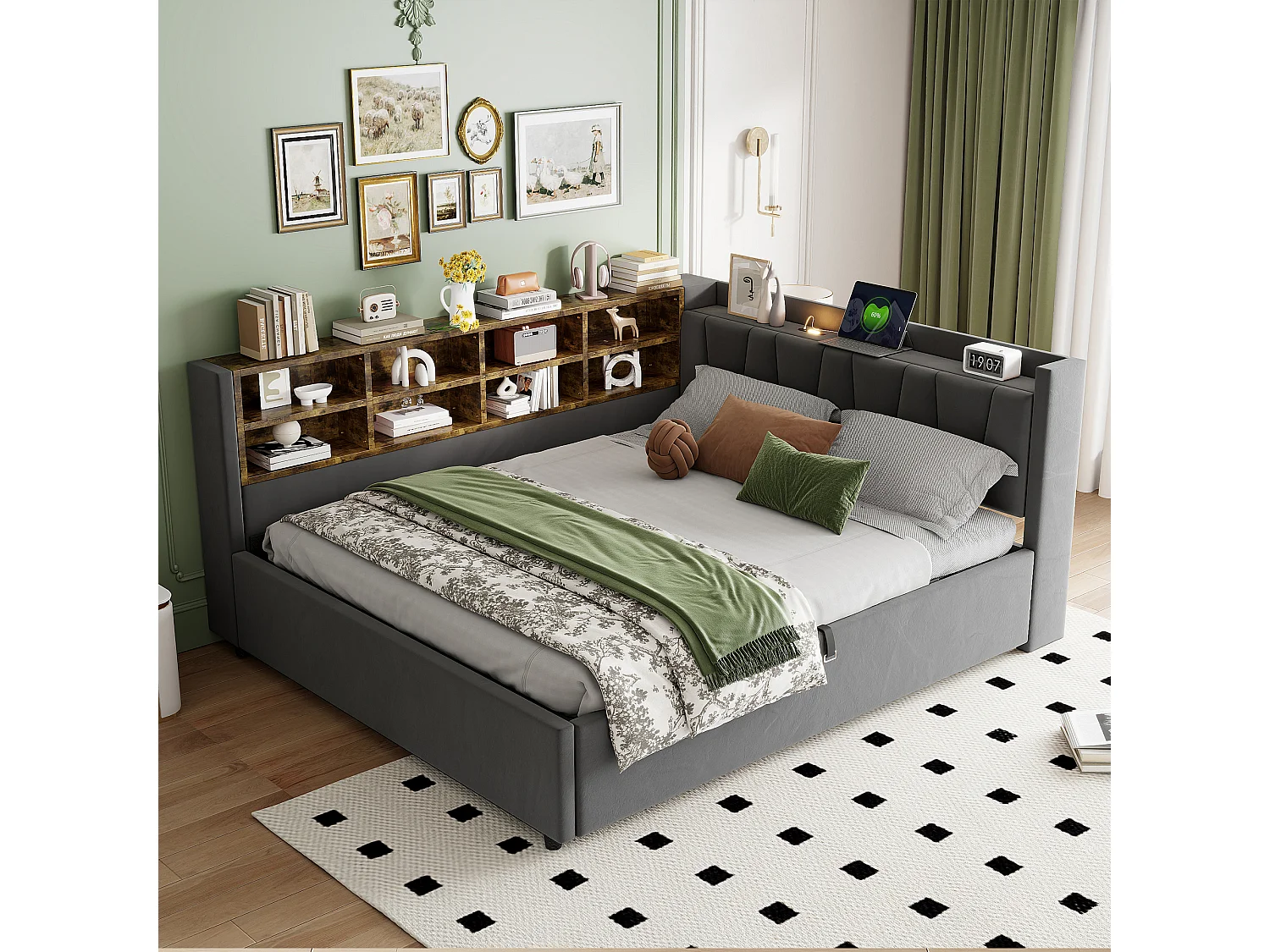 Lit multifonctionnel 140×200 cm, avec rangement hydraulique, éclairage nocturne et ports USB, en velours gris