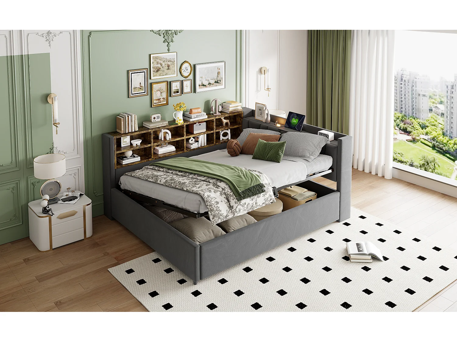 Lit multifonctionnel 140×200 cm, avec rangement hydraulique, éclairage nocturne et ports USB, en velours gris