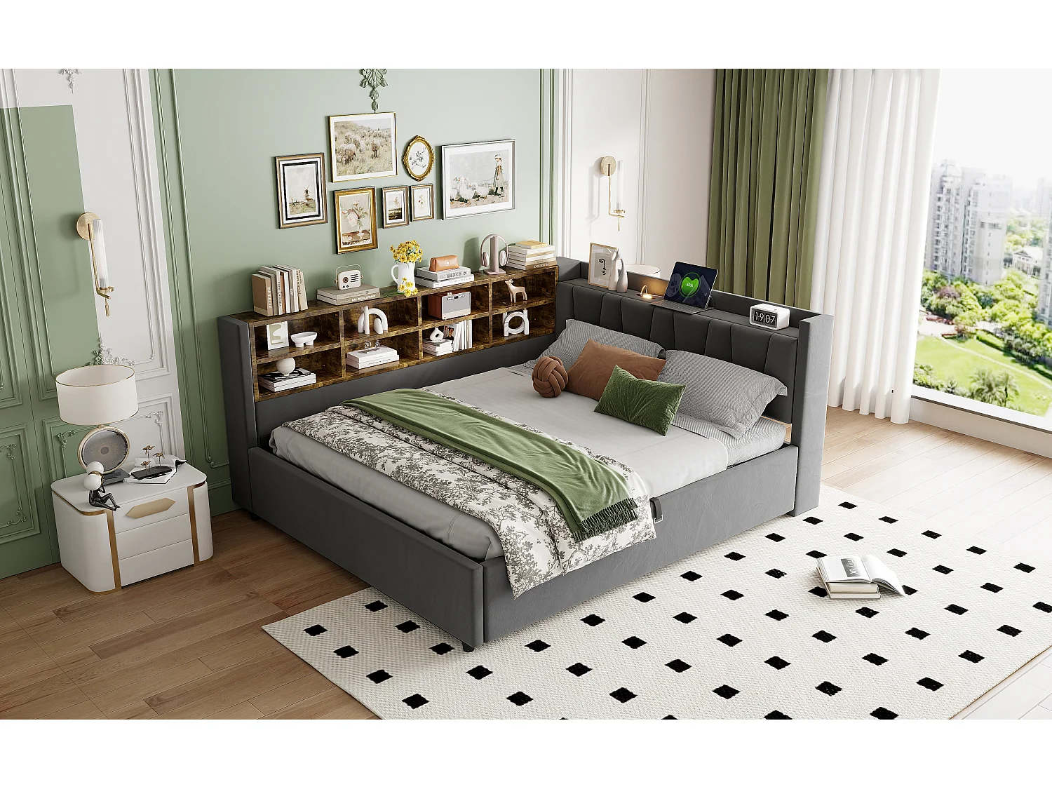 Multifunctioneel bed 140×200 cm, met hydraulische opslag, nachtlampje en USB-aansluitingen, in grijs fluweel
