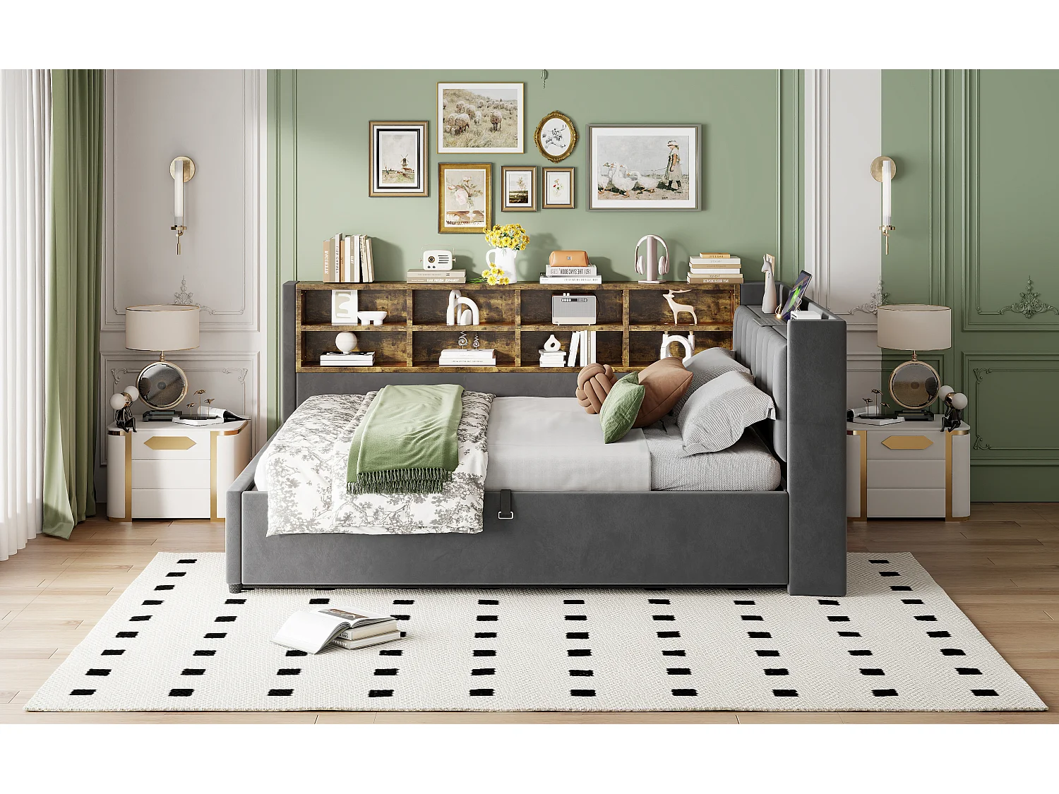 Multifunctioneel bed 140×200 cm, met hydraulische opslag, nachtlampje en USB-aansluitingen, in grijs fluweel