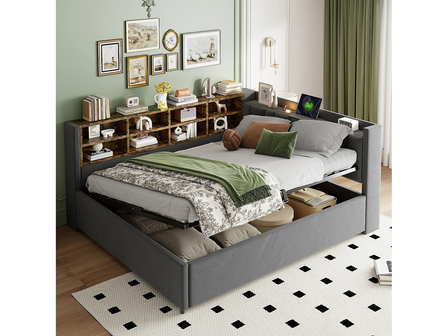 Multifunctioneel bed 140×200 cm, met hydraulische opslag, nachtlampje en USB-aansluitingen, in grijs fluweel