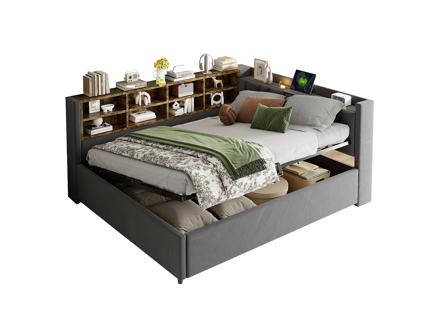 Multifunctioneel bed 140×200 cm, met hydraulische opslag, nachtlampje en USB-aansluitingen, in grijs fluweel