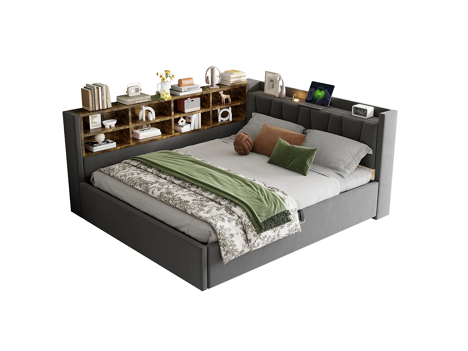 Multifunctioneel bed 140×200 cm, met hydraulische opslag, nachtlampje en USB-aansluitingen, in grijs fluweel