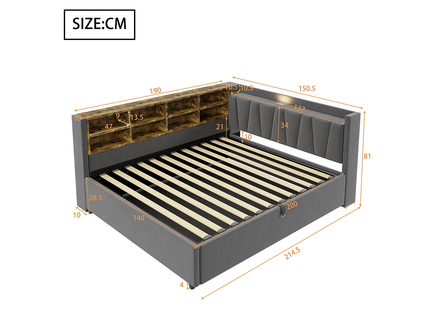 Multifunctioneel bed 140×200 cm, met hydraulische opslag, nachtlampje en USB-aansluitingen, in grijs fluweel