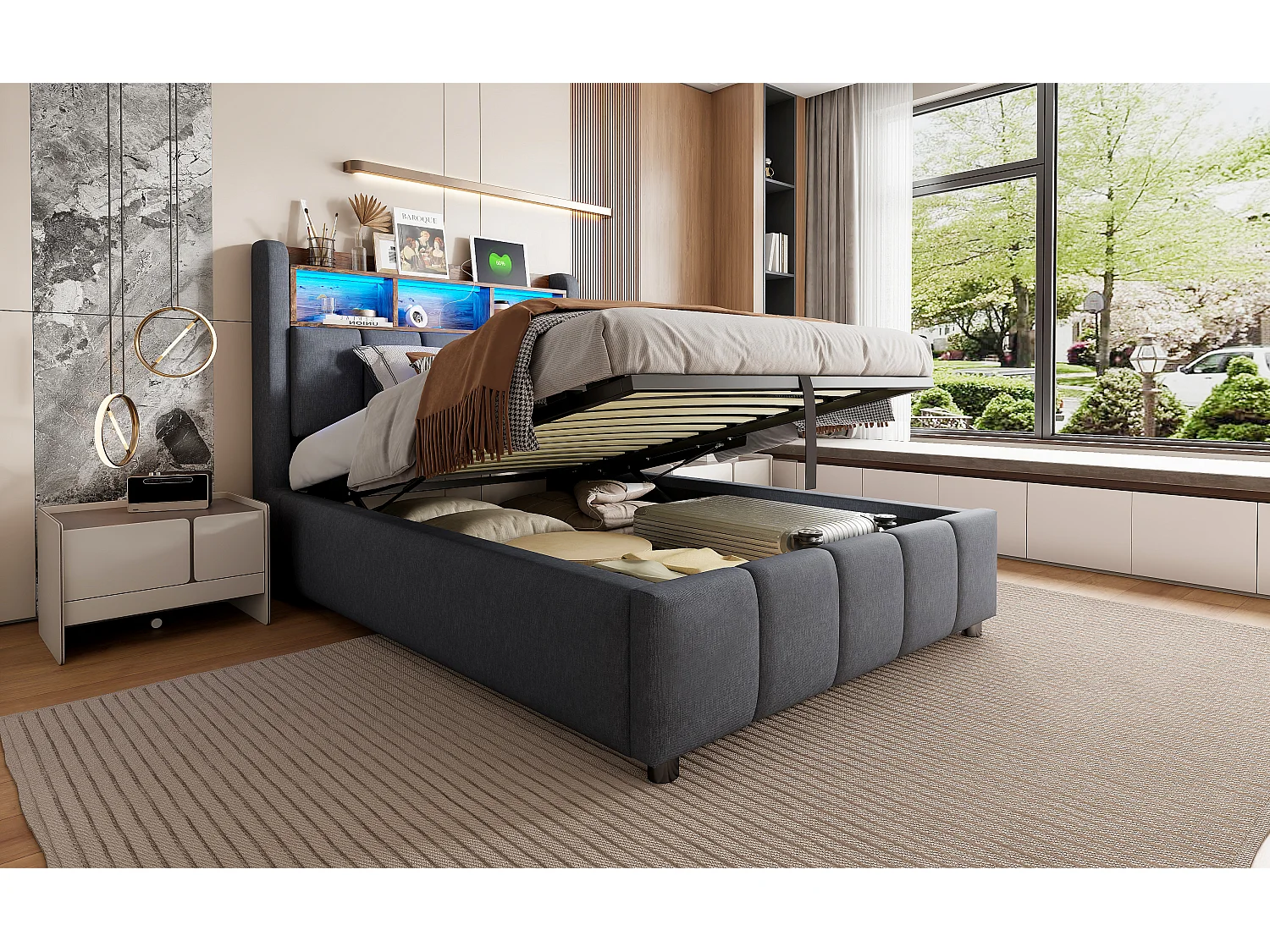 Lit rembourré 90×200 cm avec éclairage LED et port USB, tête de lit avec rangement et espace de stockage