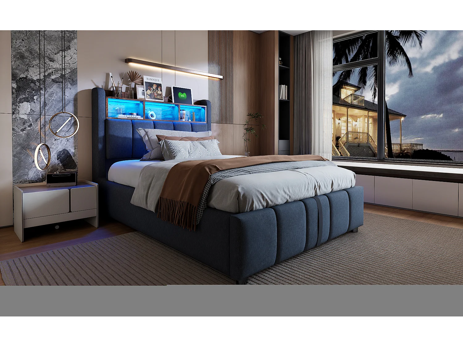 Lit rembourré 90×200 cm avec éclairage LED et port USB, tête de lit avec rangement et espace de stockage