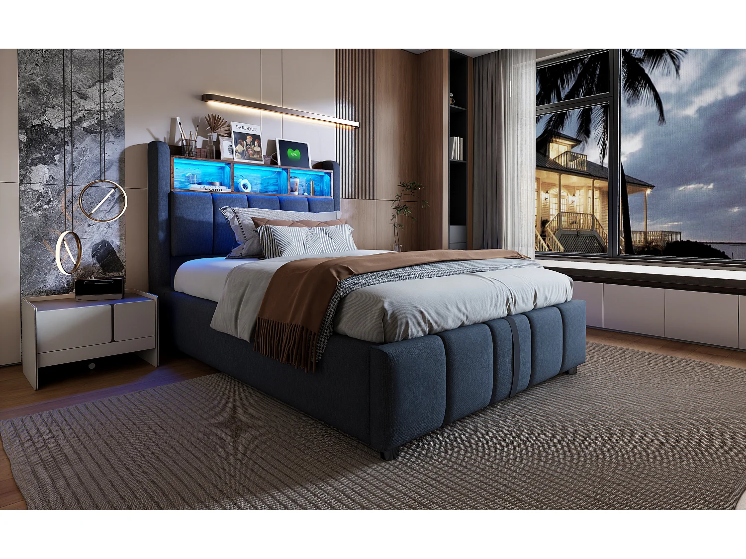 Lit rembourré 90×200 cm avec éclairage LED et port USB, tête de lit avec rangement et espace de stockage