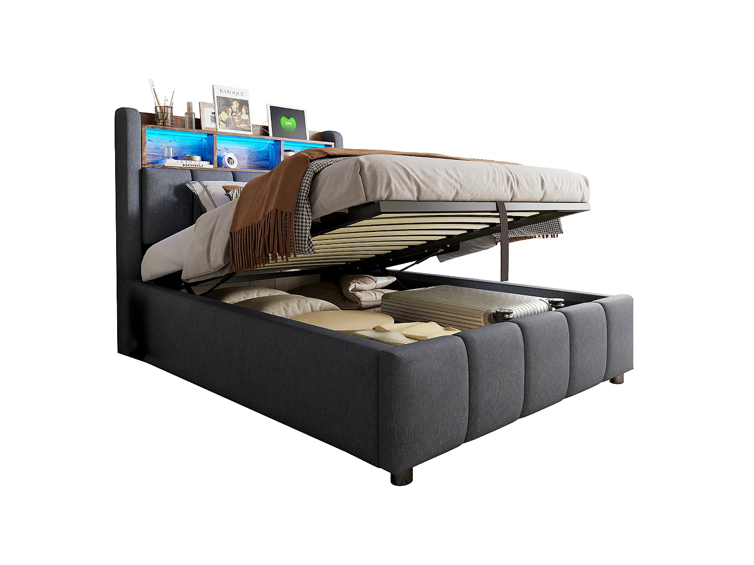 Lit rembourré 90×200 cm avec éclairage LED et port USB, tête de lit avec rangement et espace de stockage
