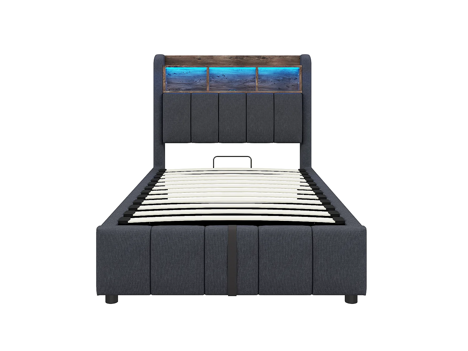 Lit rembourré 90×200 cm avec éclairage LED et port USB, tête de lit avec rangement et espace de stockage