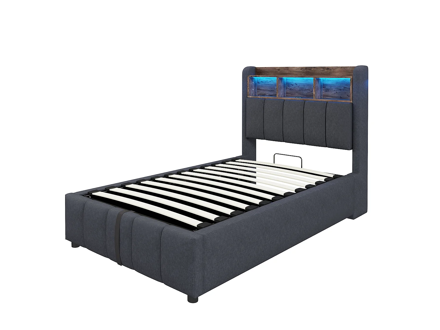 Lit rembourré 90×200 cm avec éclairage LED et port USB, tête de lit avec rangement et espace de stockage