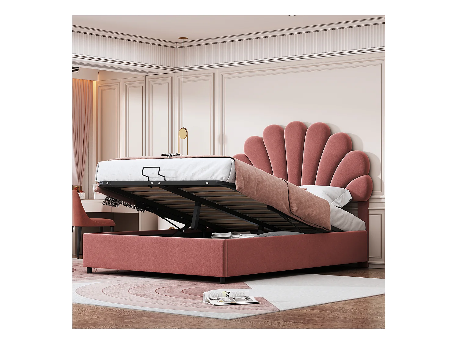 Lit rembourré 140x200 cm, tête fleurie, sommier, rangement hydraulique, velours rose, lit junior