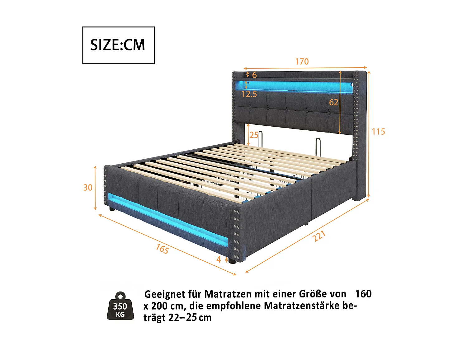 Lit rembourré 160×200 cm avec éclairage LED et prise USB, tête de lit avec étagères et rangement