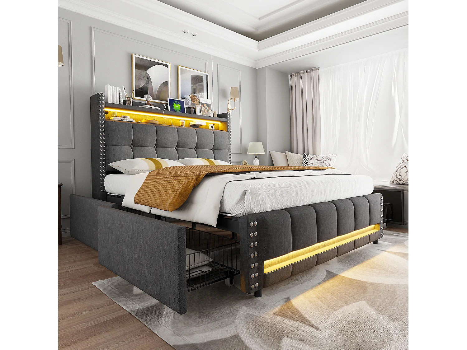Gestoffeerd bed 160×200 cm met LED-verlichting en USB-aansluiting, hoofdeinde met planken en opbergruimte