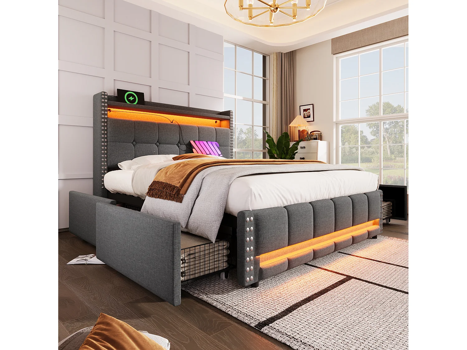 Gestoffeerd bed 160×200 cm met LED-verlichting en USB-aansluiting, hoofdeinde met planken en opbergruimte