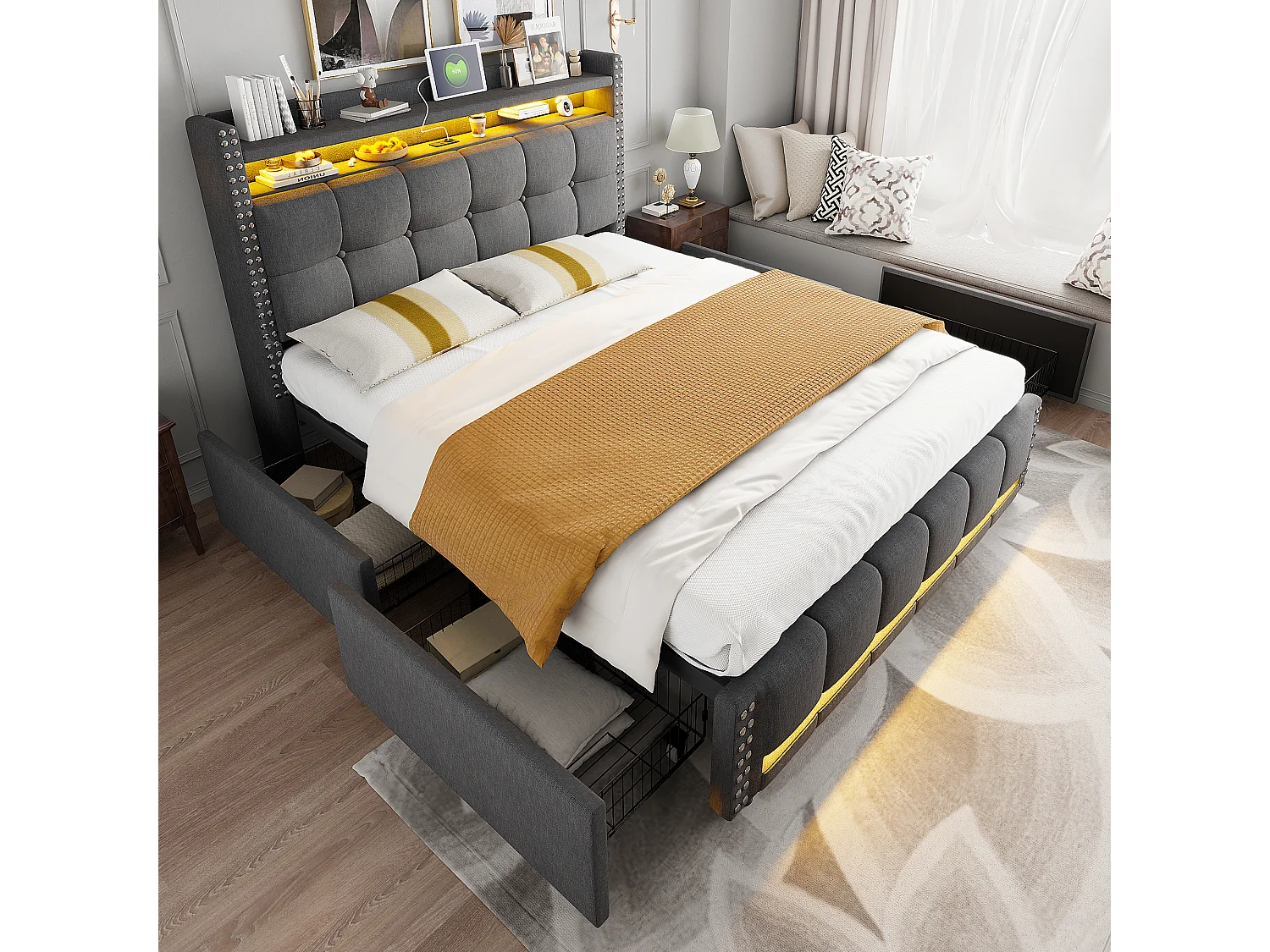 Gestoffeerd bed 160×200 cm met LED-verlichting en USB-aansluiting, hoofdeinde met planken en opbergruimte