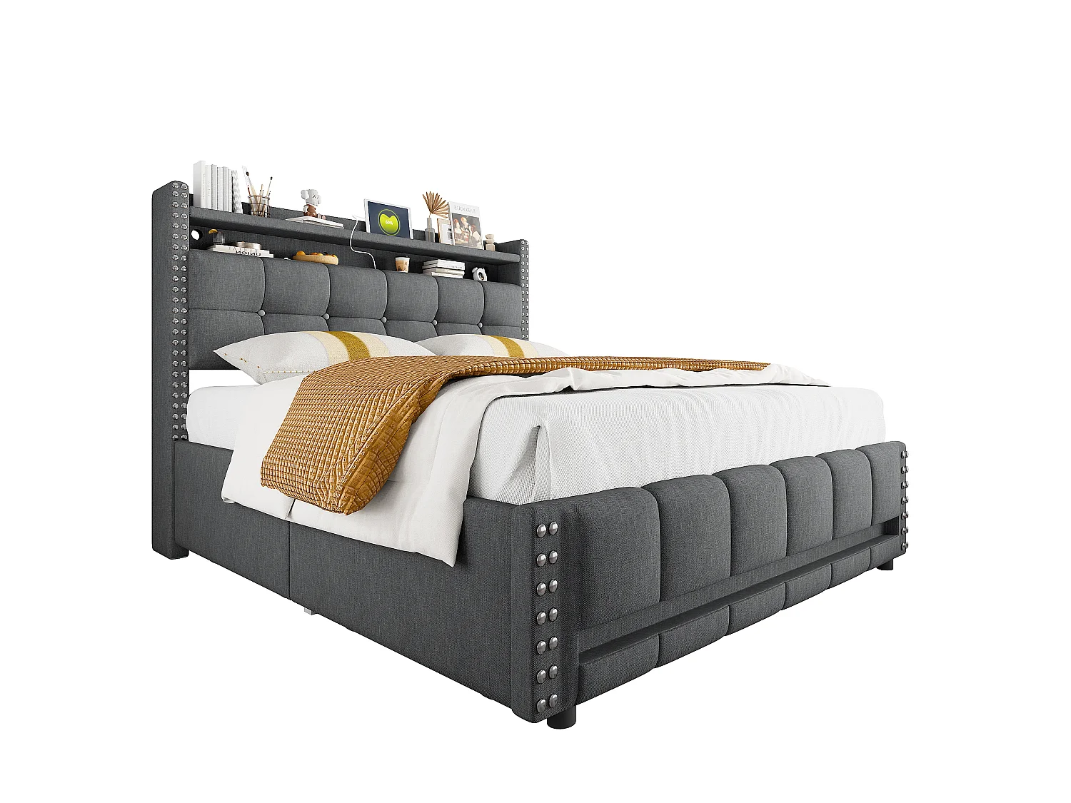 Gestoffeerd bed 160×200 cm met LED-verlichting en USB-aansluiting, hoofdeinde met planken en opbergruimte
