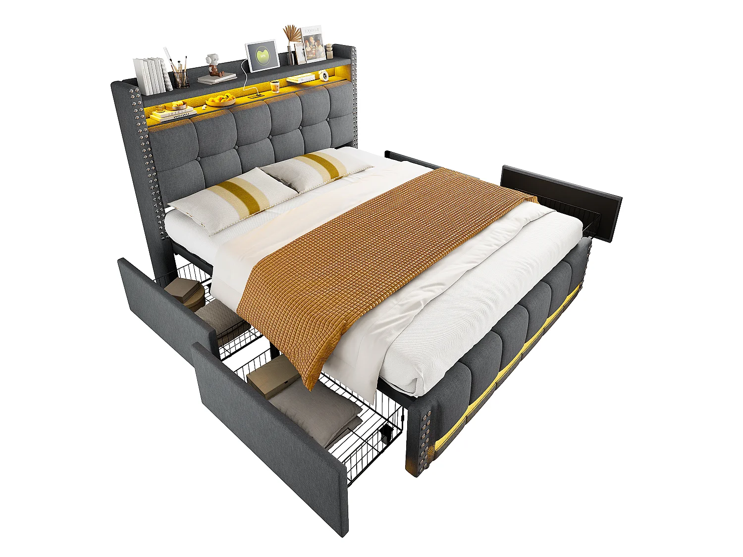 Gestoffeerd bed 160×200 cm met LED-verlichting en USB-aansluiting, hoofdeinde met planken en opbergruimte