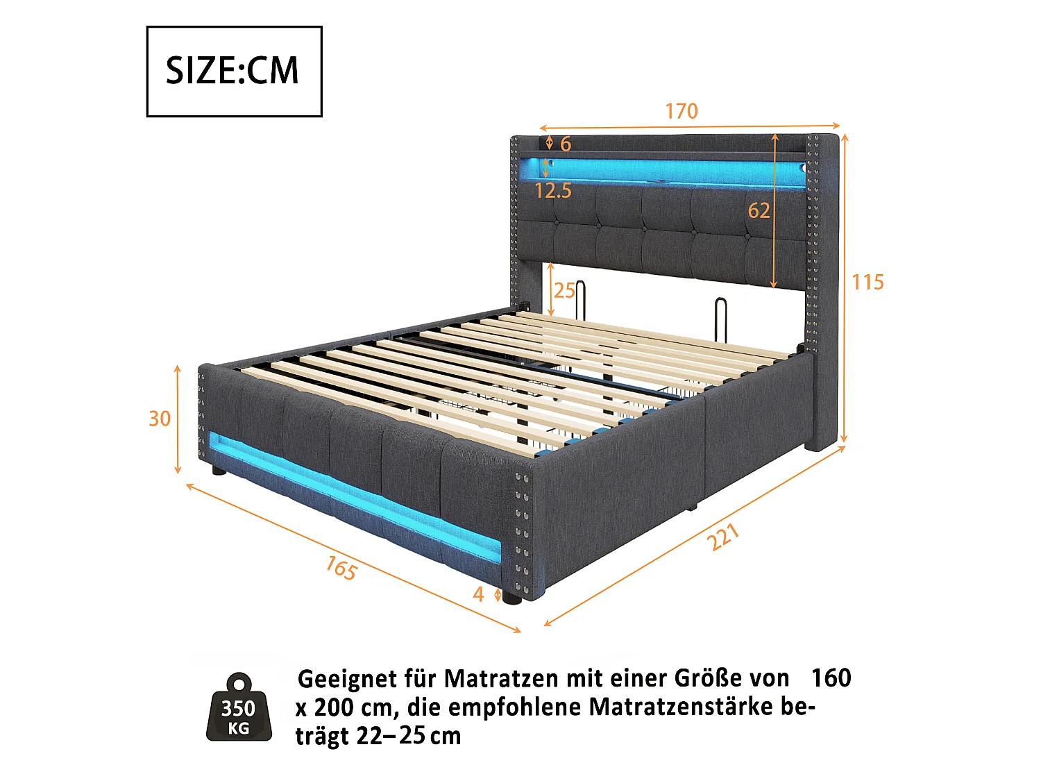 Gestoffeerd bed 160×200 cm met LED-verlichting en USB-aansluiting, hoofdeinde met planken en opbergruimte