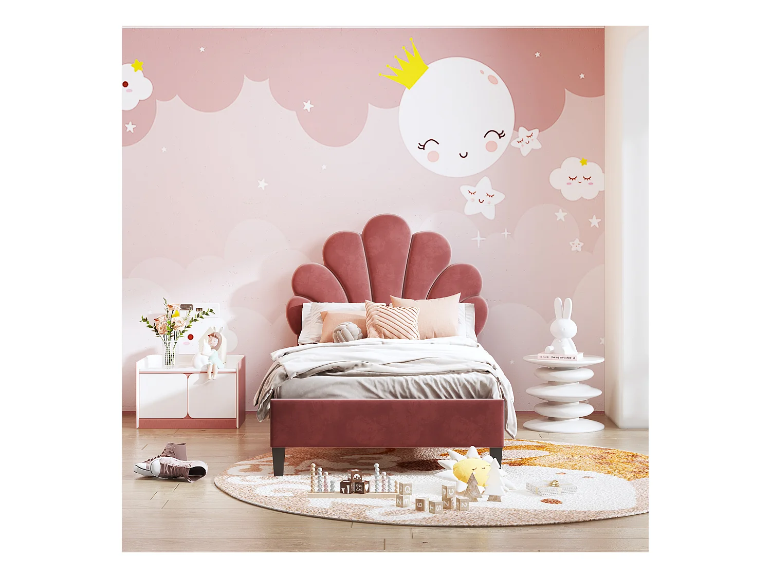 Lit rembourré 90x200 cm tête en forme de fleurs, sommier inclus, velours rouge brique, lit fille