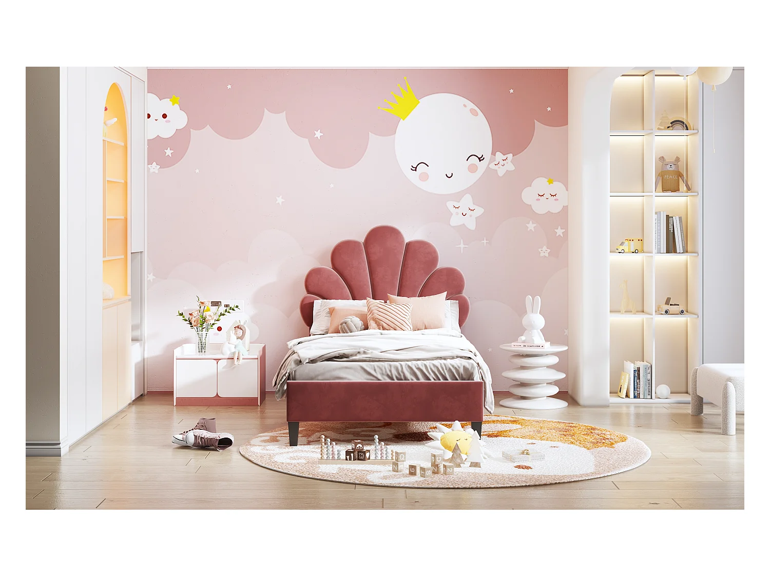 Lit rembourré 90x200 cm tête en forme de fleurs, sommier inclus, velours rouge brique, lit fille