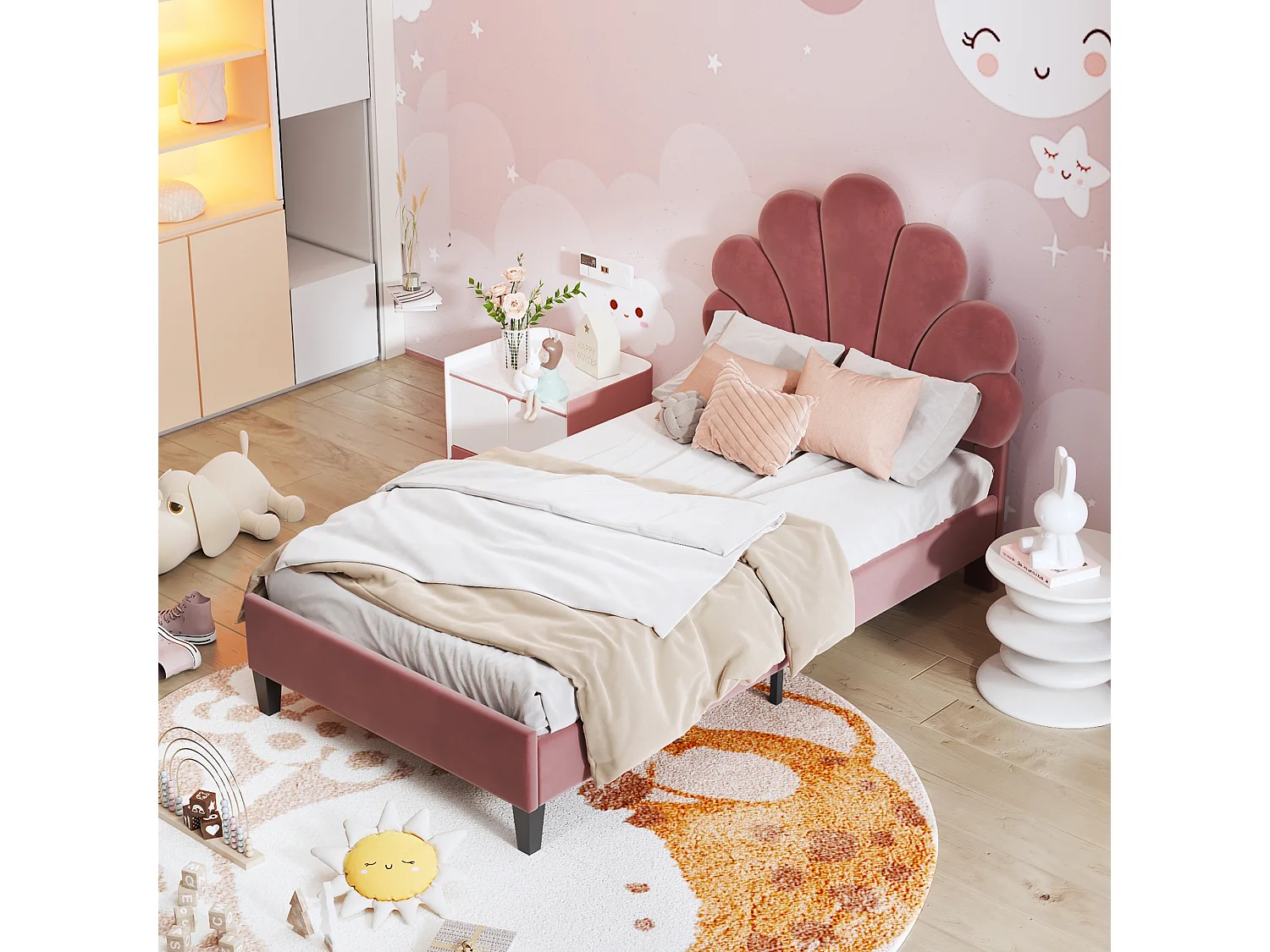 Lit rembourré 90x200 cm tête en forme de fleurs, sommier inclus, velours rouge brique, lit fille