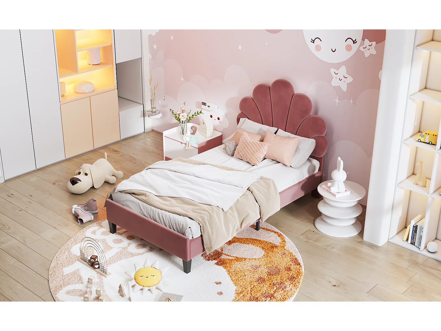 Lit rembourré 90x200 cm tête en forme de fleurs, sommier inclus, velours rouge brique, lit fille