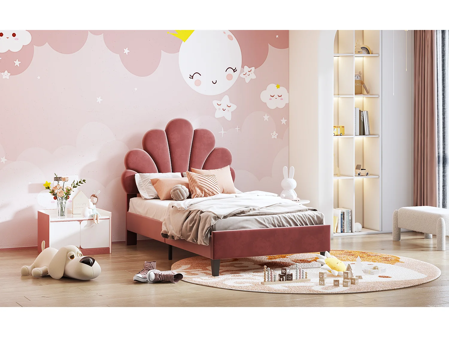 Lit rembourré 90x200 cm tête en forme de fleurs, sommier inclus, velours rouge brique, lit fille
