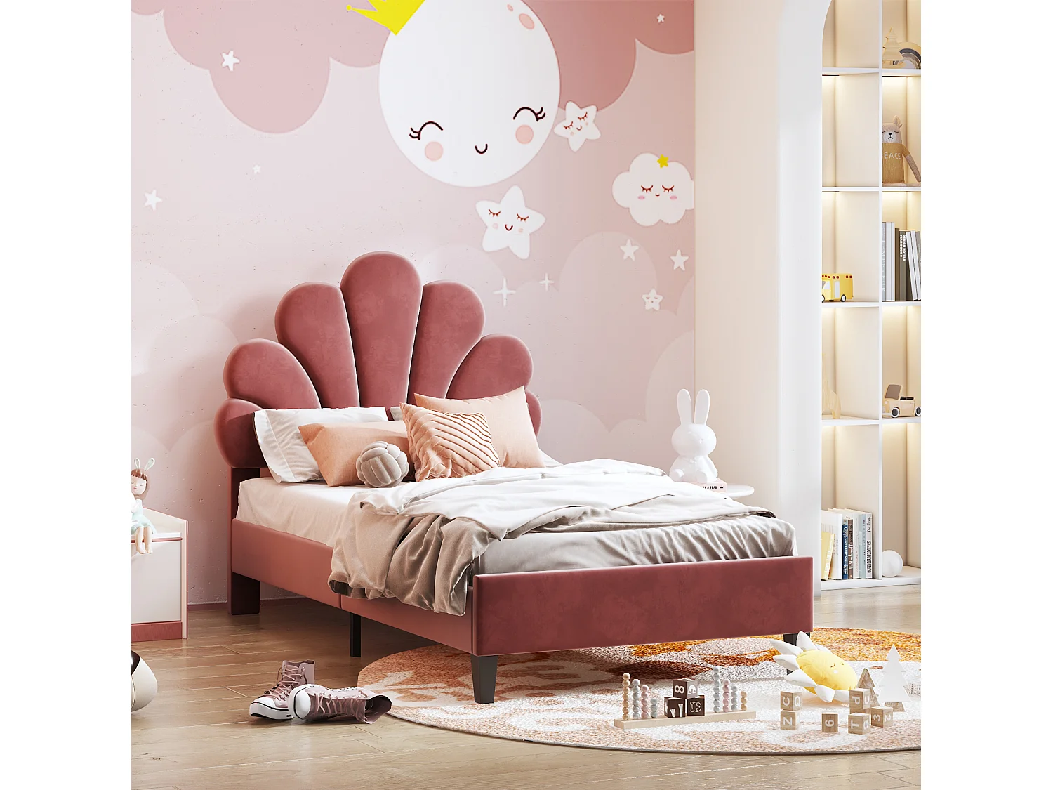 Lit rembourré 90x200 cm tête en forme de fleurs, sommier inclus, velours rouge brique, lit fille